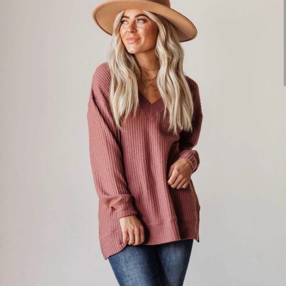 Lucy Avenue Gia Waffle Knit Sweater Mauve